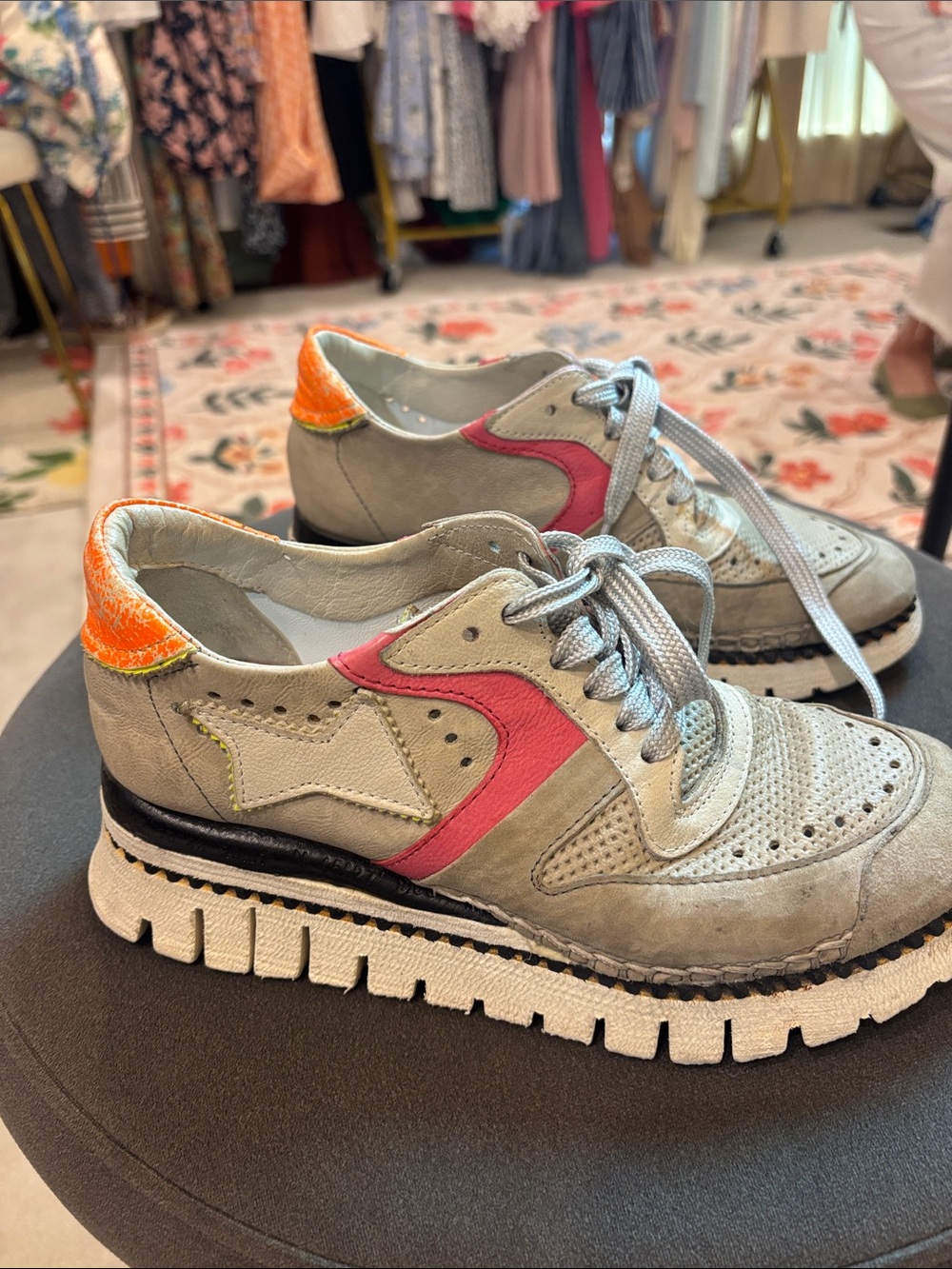 A.S.98 Grey Suede Sneakers with Pink and Orange Accents